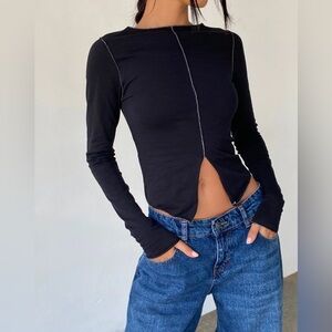motel rocks Fenrin Long Sleeve Butterfly Jersey Top In Black slit open
